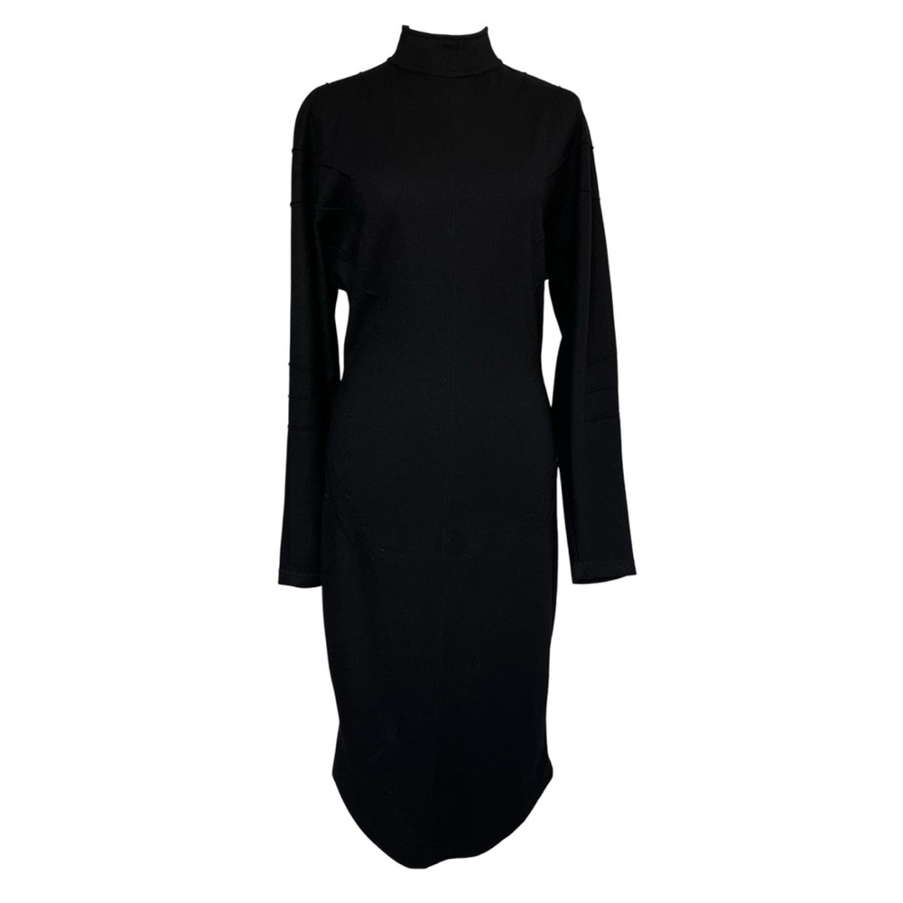 Vintage Thierry Mugler Active 70s Black Knit Virgin Wool Midi Dress Structured S